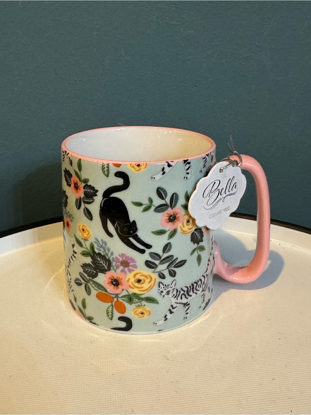 NWT 10 Strawberry Street Black & Tabby Cat Floral Bella Mug